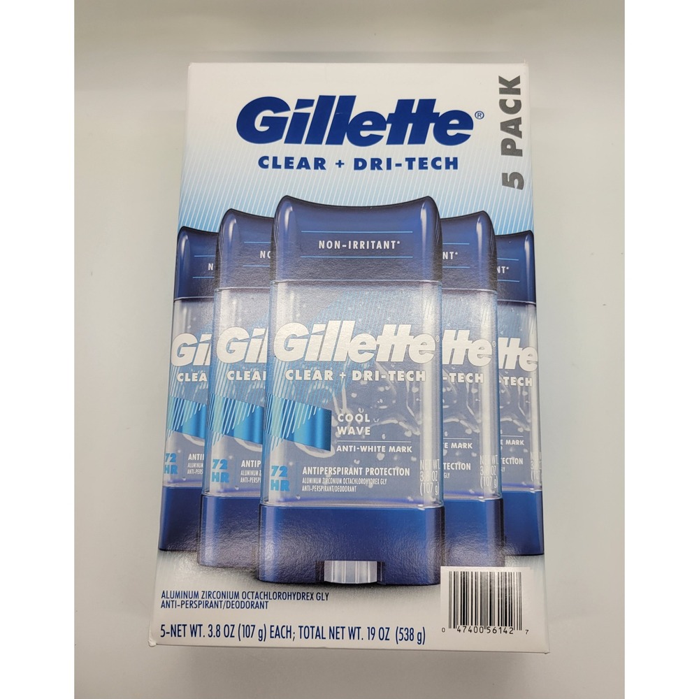 Gillette Clear + Dri-Tech Cool Wave Antiperspirant Deodorant 5 Pack 3.8oz Sealed